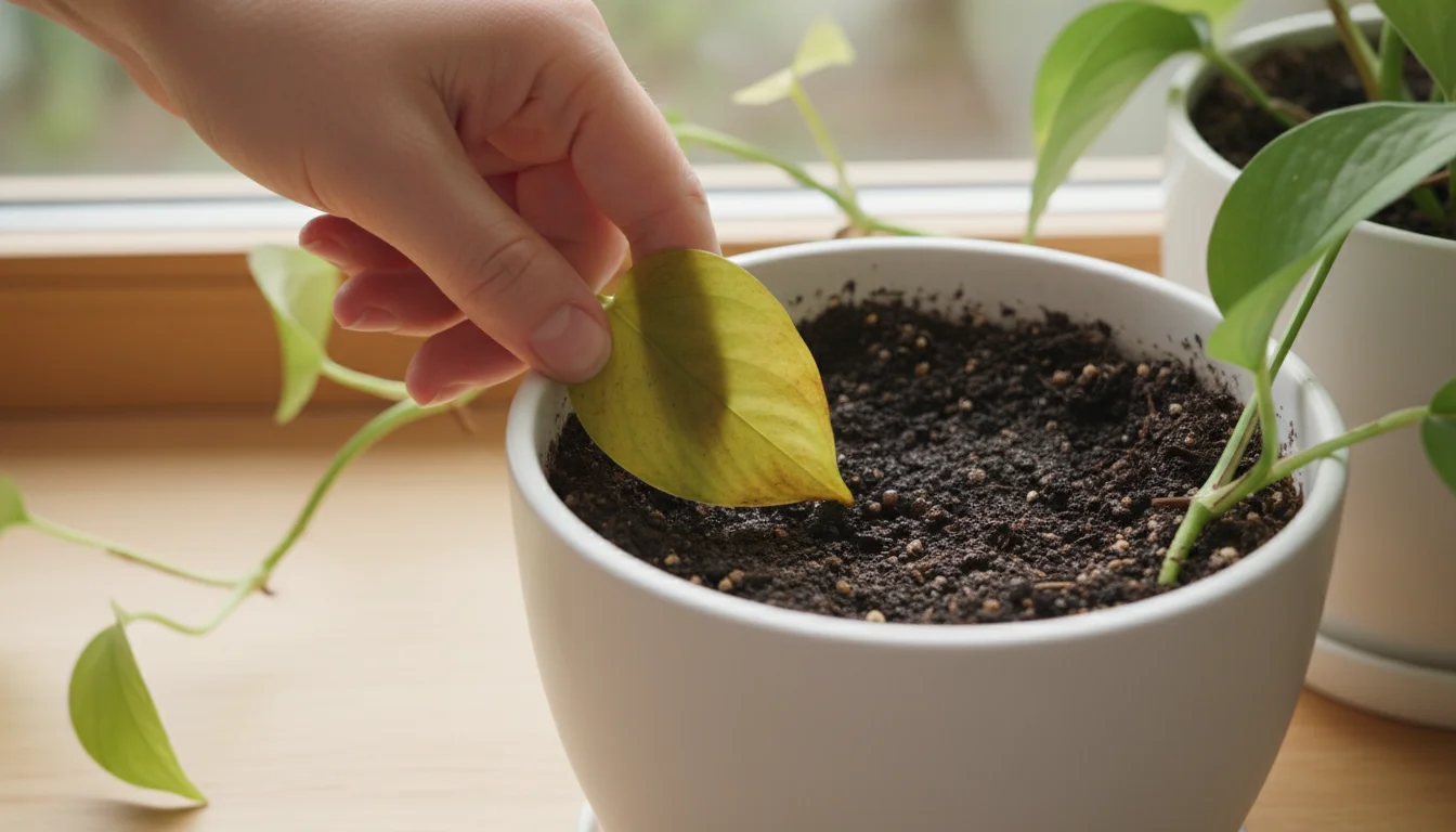 Hands examining a Pothos plant. One hand gently holds a slightly yellow leaf, while the other touches the soil in its white ceramic pot.