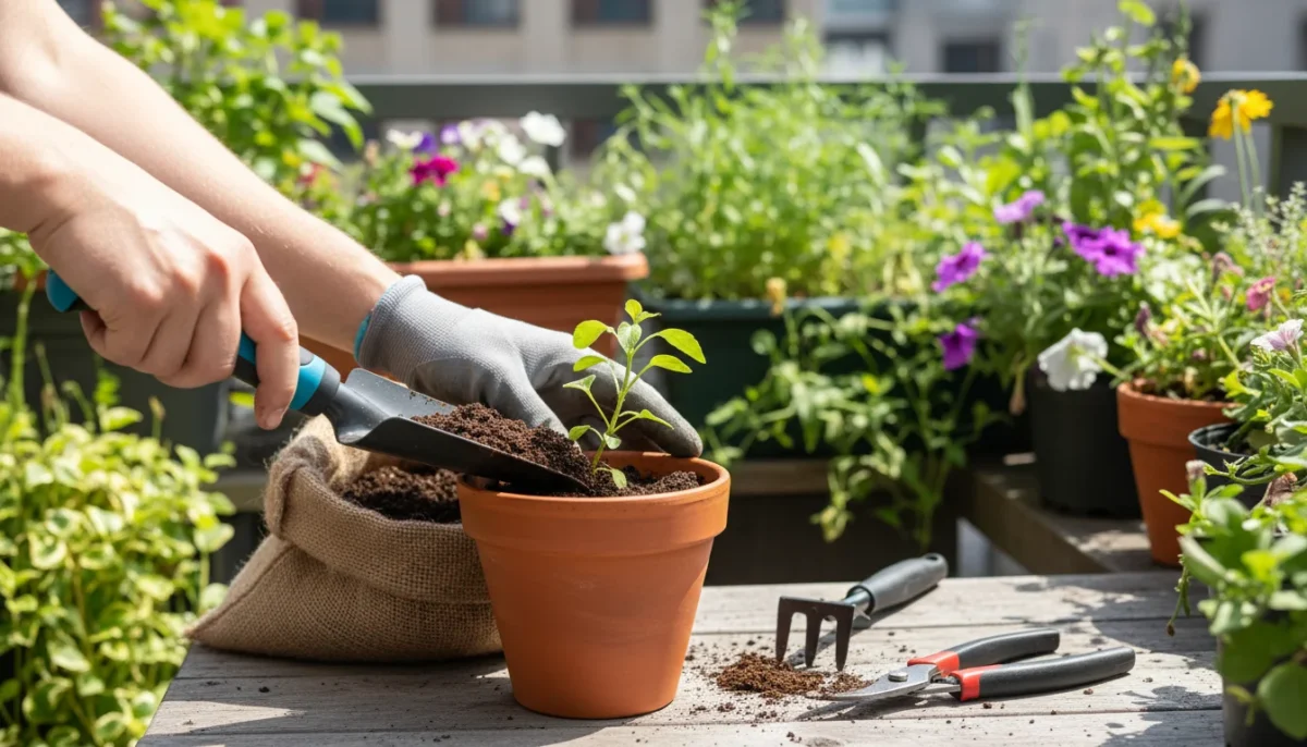 Close-up of hands potting a plant with a trowel, small pruning snips, and cultivator on a balcony table.