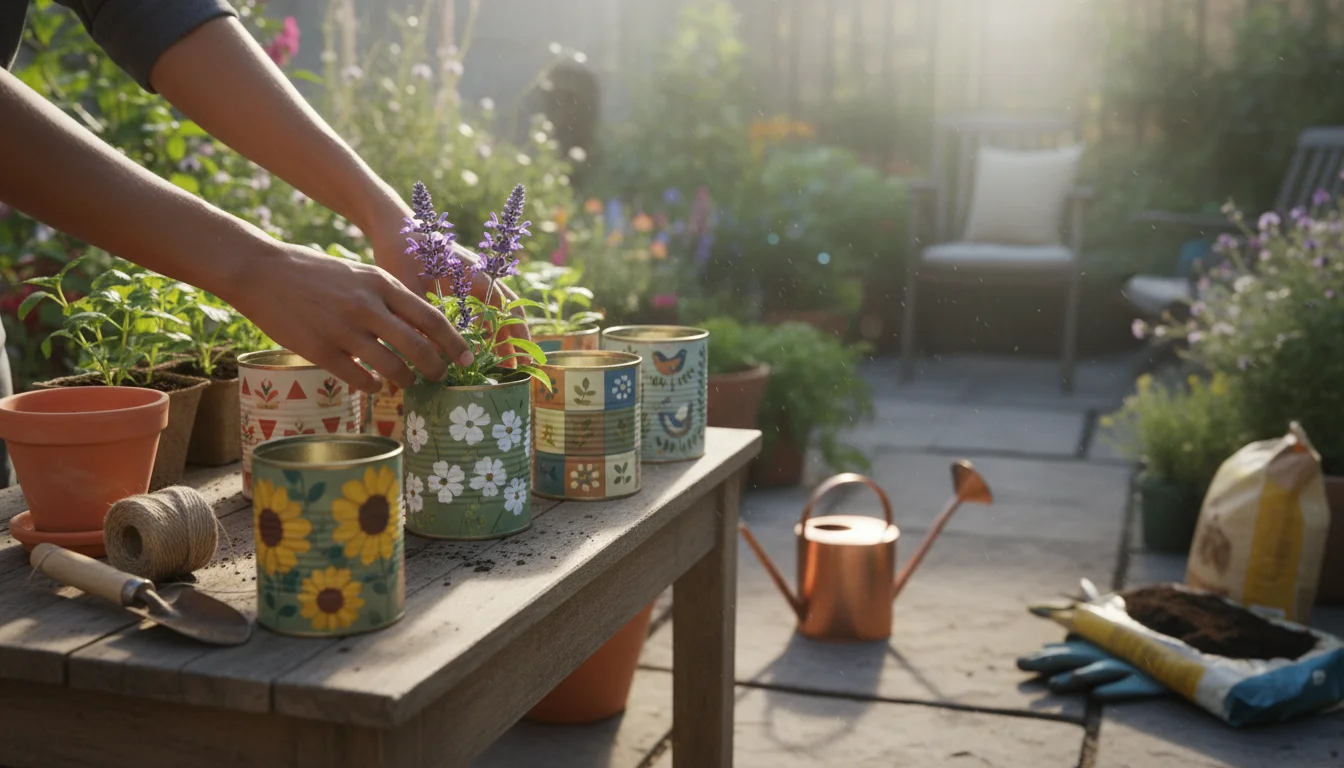 Hands potting a purple Salvia into a painted upcycled tin can, surrounded by diverse empty containers like terracotta, ceramic, and a wooden crate on