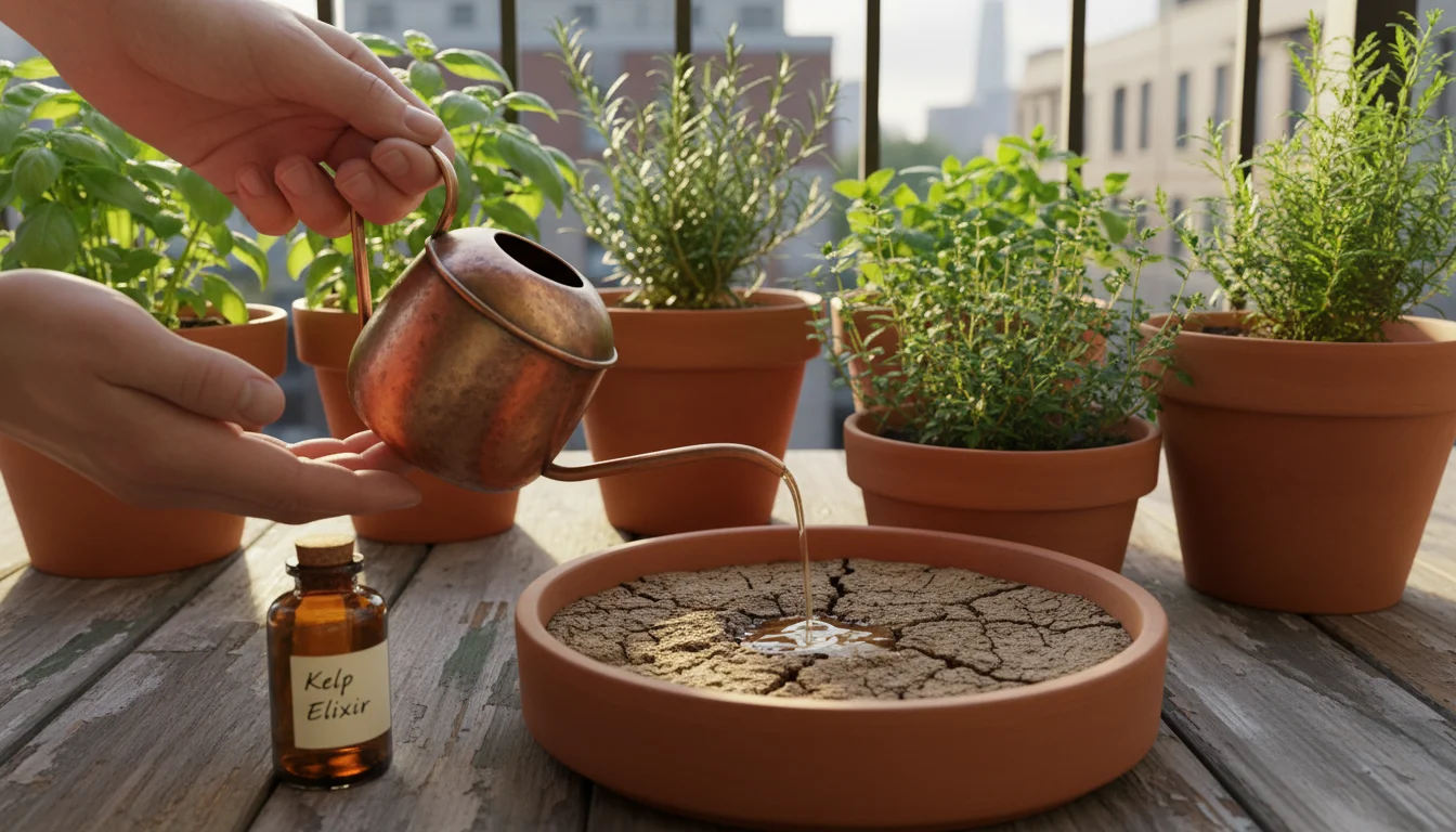 Hands pour a brown liquid onto dry soil in a terracotta pot on a balcony, with a 'Kelp Elixir' bottle nearby.
