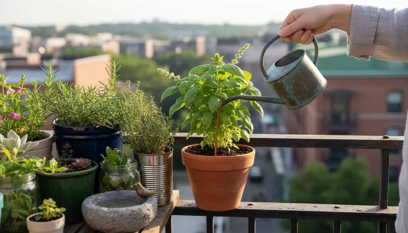 Hands pour dark liquid from a copper watering can onto potted basil on a balcony, surrounded by plants in repurposed containers.