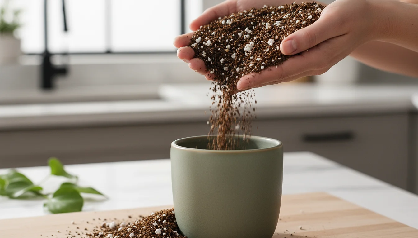 Hands pour light, aerated potting mix with visible perlite into a small matte ceramic pot, preparing for an indoor sensory garden.