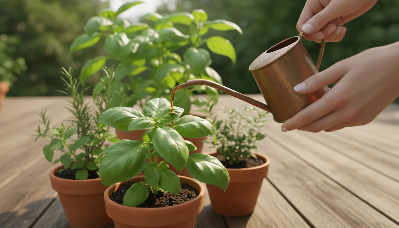 Hands pour liquid fertilizer into a container herb garden on a weathered patio deck.