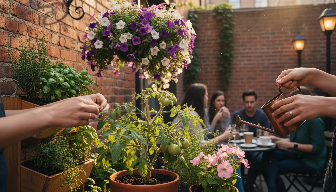 Hands carefully pour liquid fertilizer into a potted tomato plant on a sun-drenched urban patio, surrounded by other thriving container plants.
