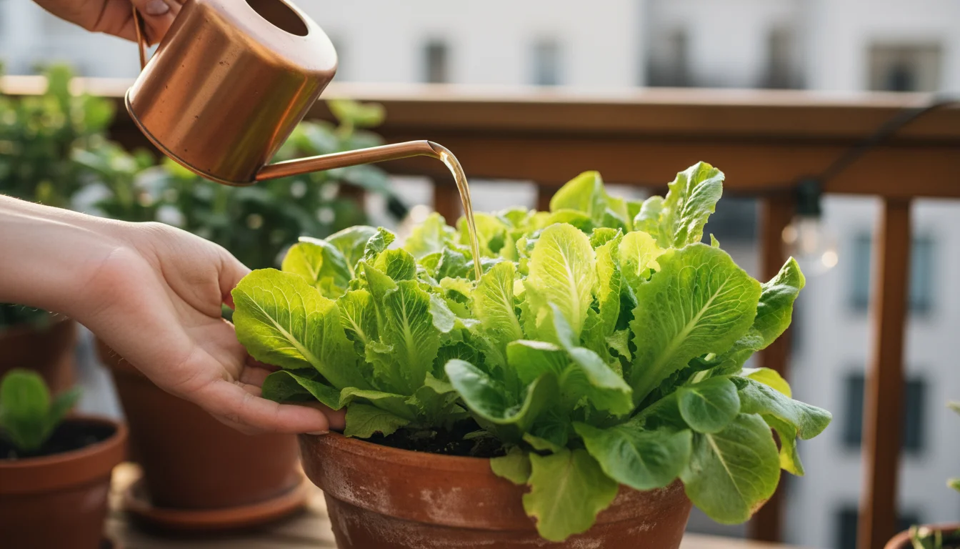 Hands gently pour liquid fertilizer into a terracotta pot filled with vibrant green lettuce on a balcony.