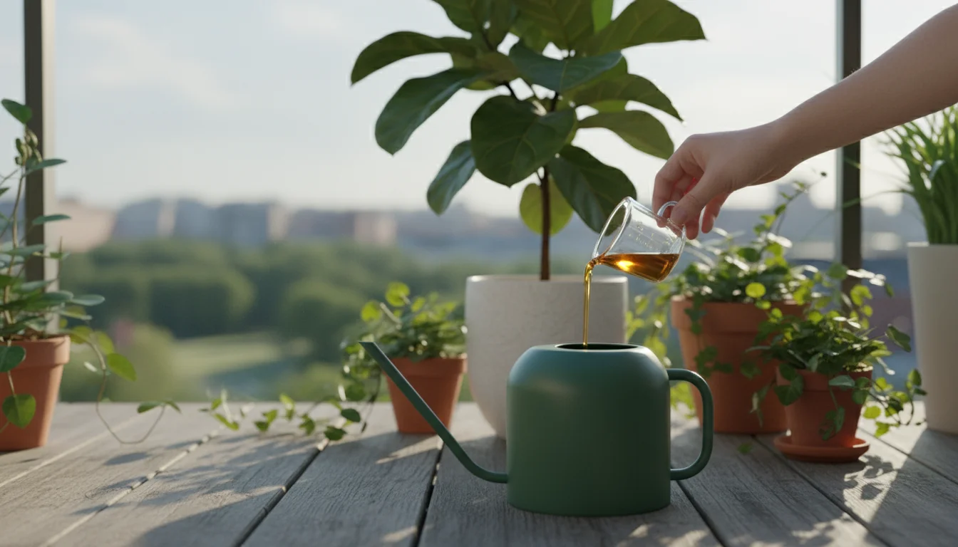 Hands pour liquid fertilizer into a watering can on a sunny balcony, with a tall okra plant in a deep pot in the soft background.