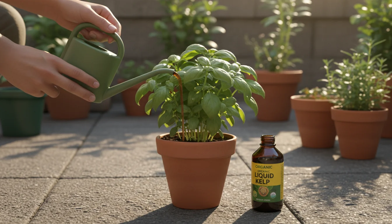 Hands pour liquid organic fertilizer from a watering can into a healthy potted basil on a sunny urban patio, with a fertilizer bottle nearby.
