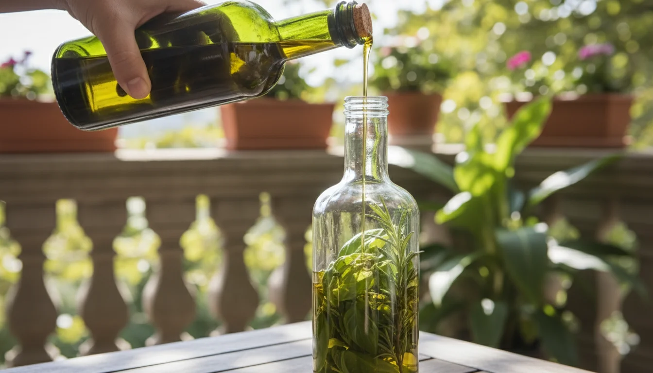 Hands gently pour olive oil into a glass bottle of fresh basil and rosemary, set on a balcony table with blurred container plants.