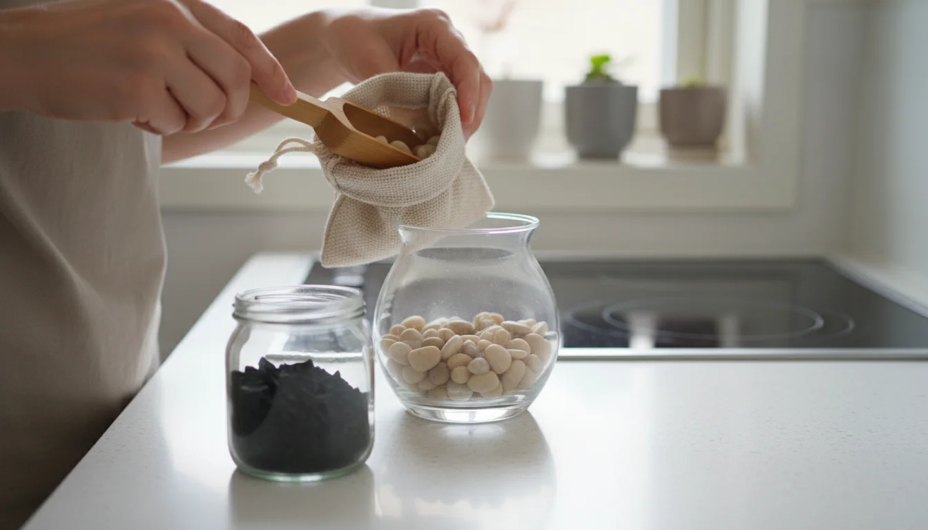 Hands pour river pebbles into a clear glass vase for bulb forcing. Activated charcoal jar visible on a bright counter.