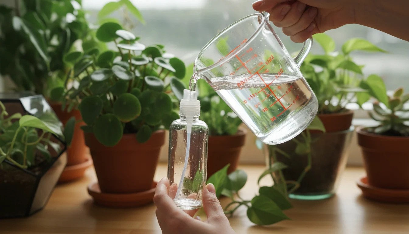 Hands pour sparkling clear filtered water from a glass measuring cup into a small spray bottle. Healthy green houseplants are blurred in the backgroun