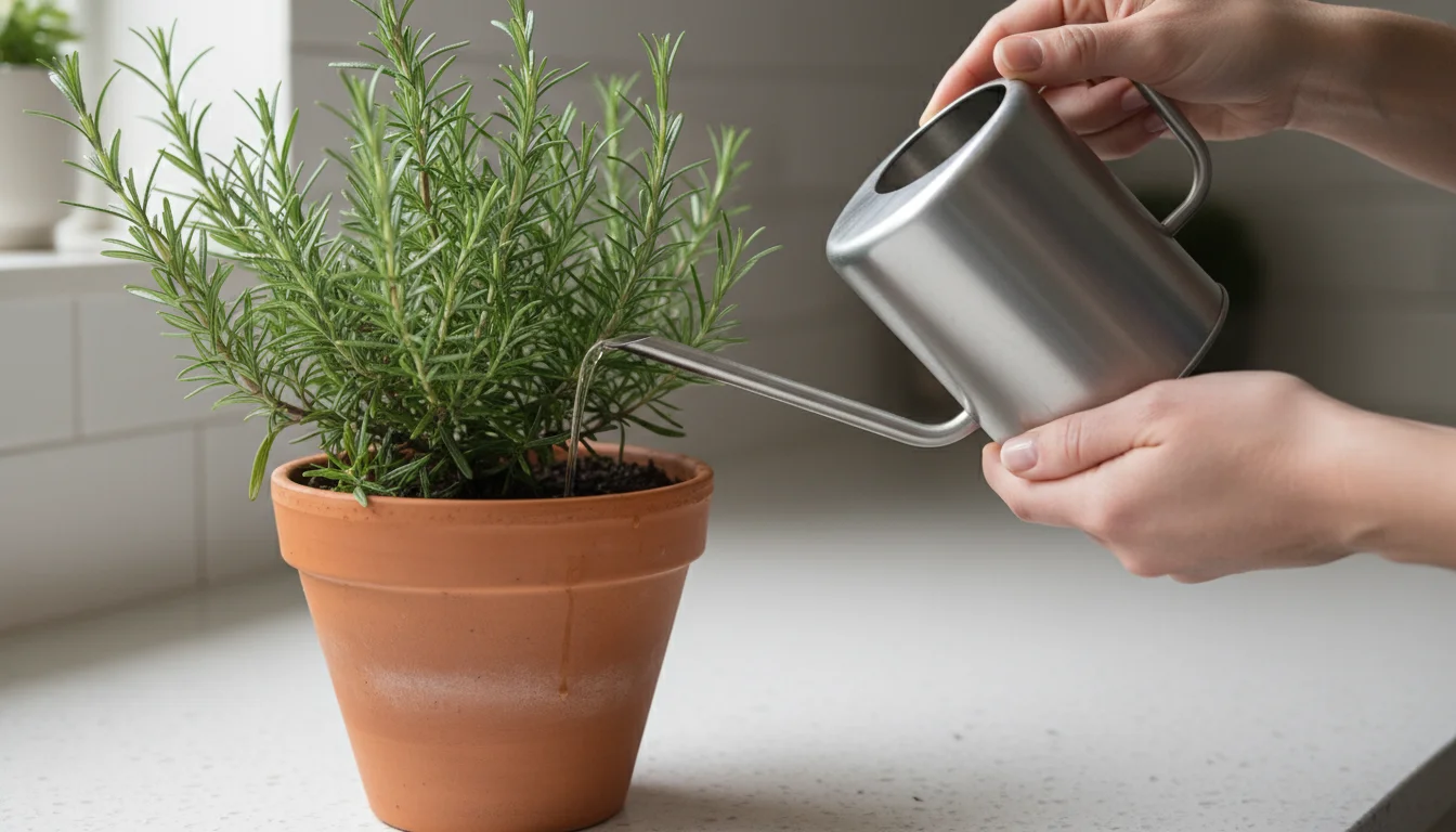 Hands carefully pour a thin stream of diluted liquid fertilizer into a potted rosemary plant on a sunny kitchen counter.
