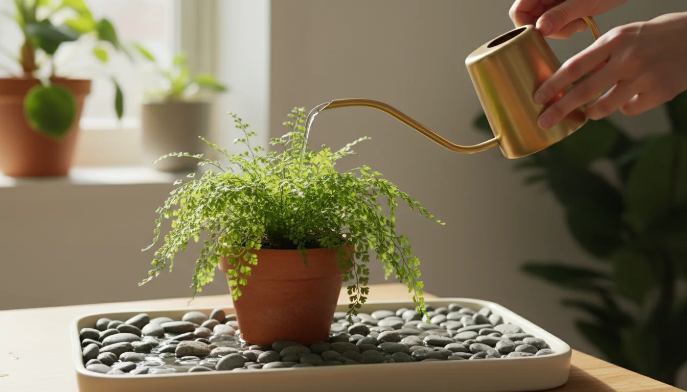 Hands carefully pour water into a pebble tray with a fern in a terracotta pot. Water is visible below the pot, on grey river pebbles.