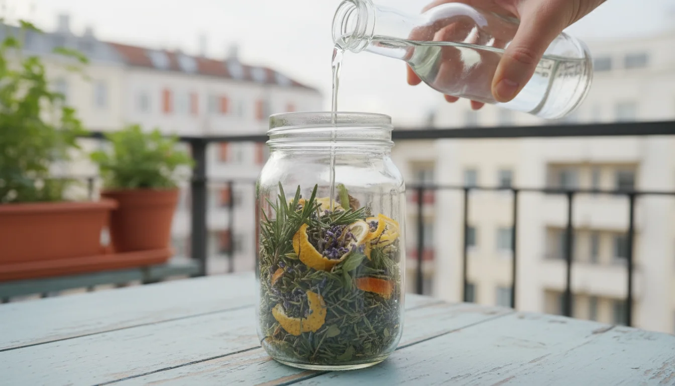 Hands pour white vinegar into a glass jar filled with dried herbs and citrus peels on a balcony table.