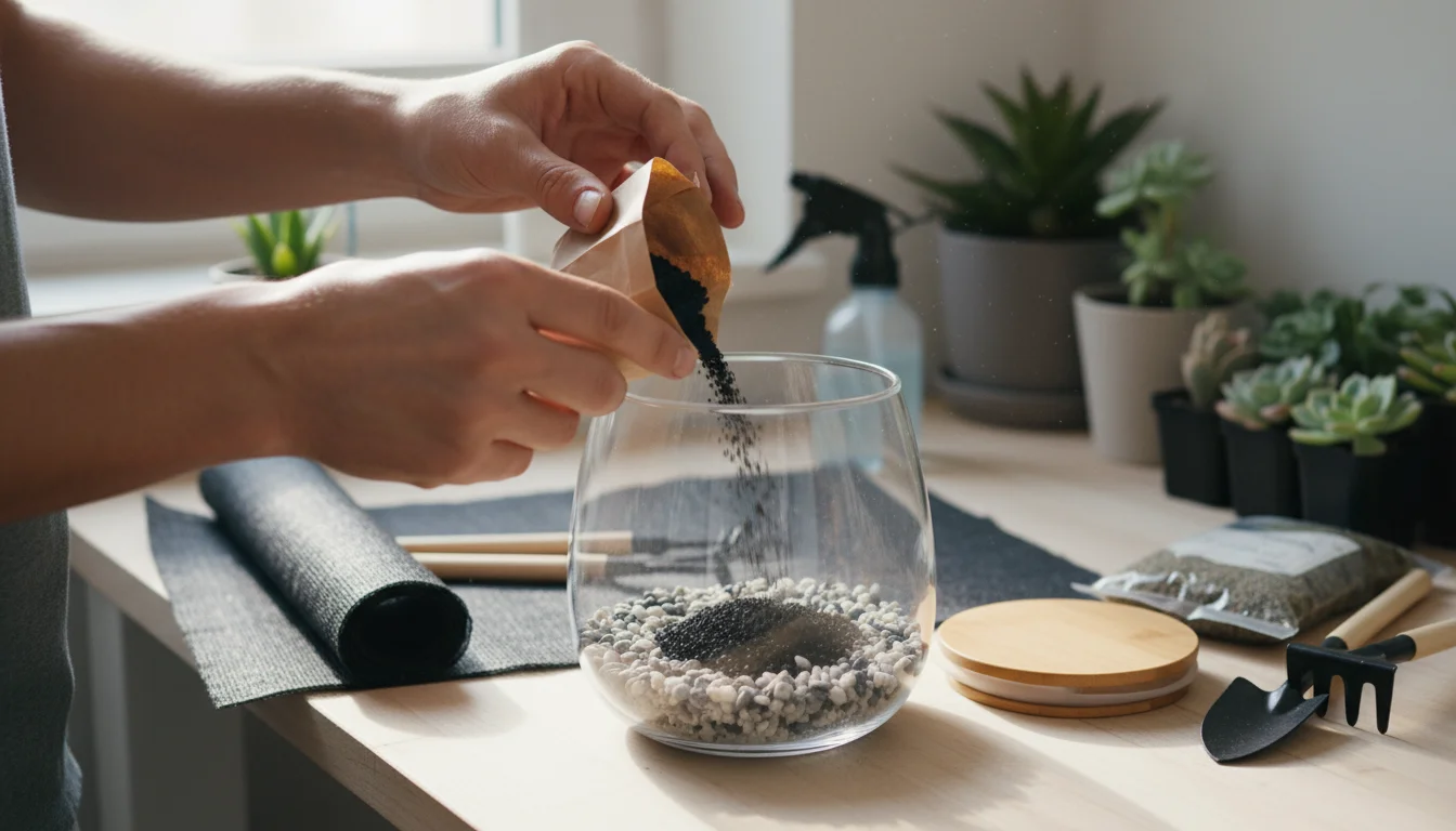Hands pouring activated charcoal into a clear glass terrarium container. A pebble drainage layer is visible, with fabric and other supplies nearby.