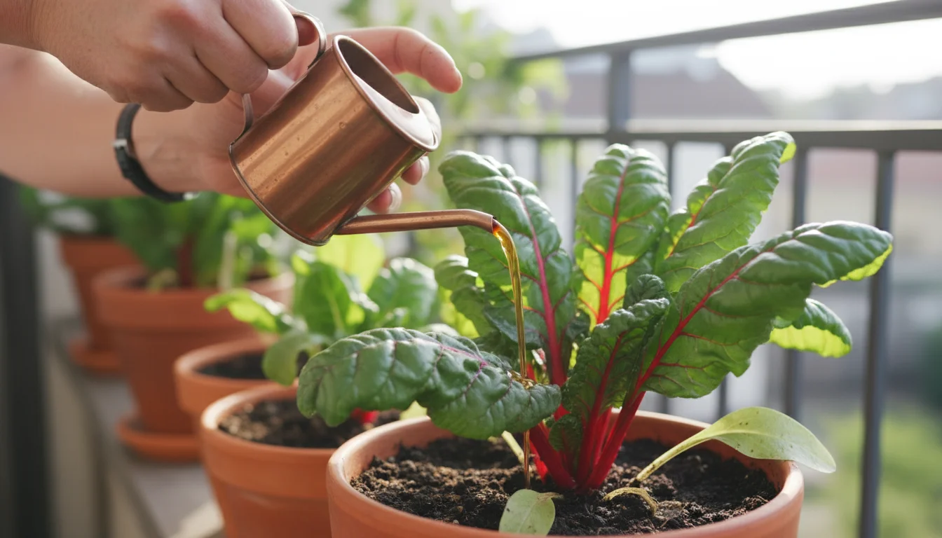 Hands pouring amber compost tea from a watering can onto the soil of a vibrant Swiss chard plant in a terracotta pot on a balcony.