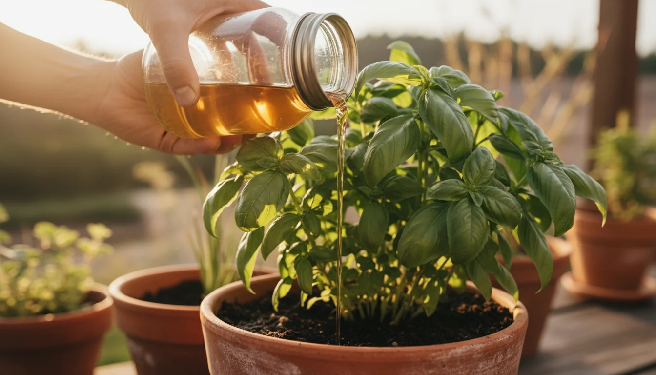 Close-up of hands pouring amber fertilizer tea from a glass jar into a basil plant's soil on a sunny urban balcony, emphasizing careful application.