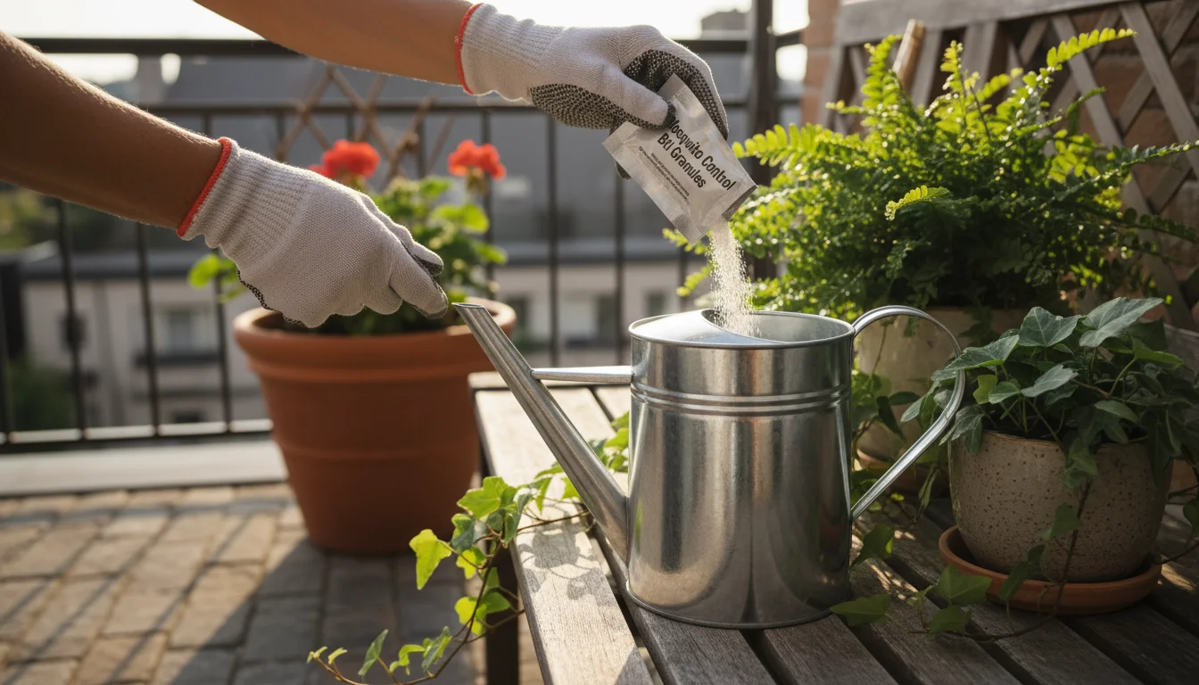 Hands pouring Bti granules into a metal watering can next to potted container plants on an outdoor bench.