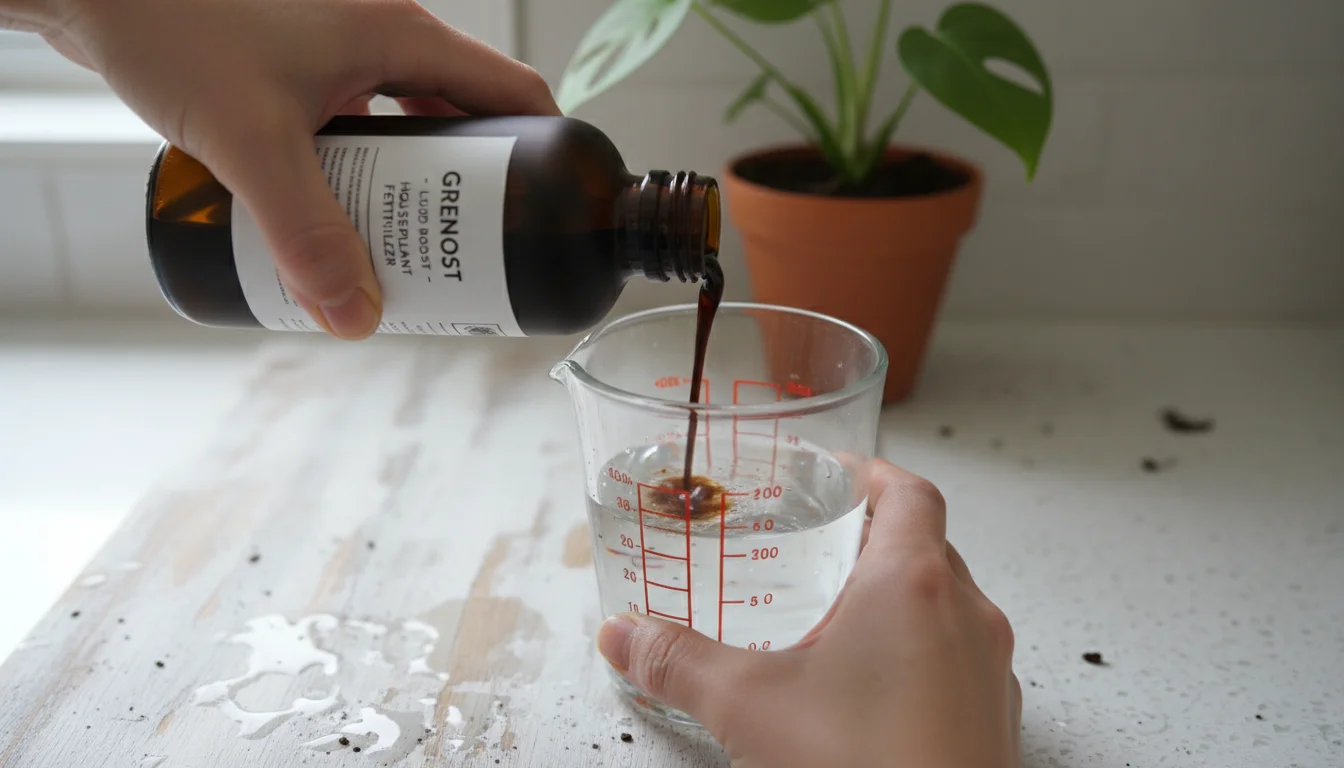 Hands carefully pouring concentrated liquid fertilizer into a measuring cup filled with water, next to a healthy potted houseplant.