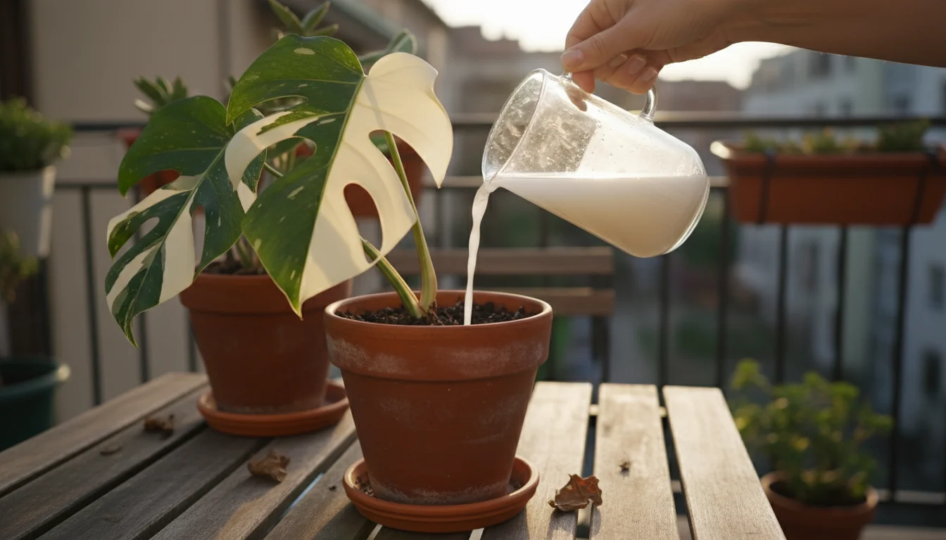 Close-up of hands pouring cooled vegetable water from a pitcher onto a rare variegated Monstera in a terracotta pot on a patio table.