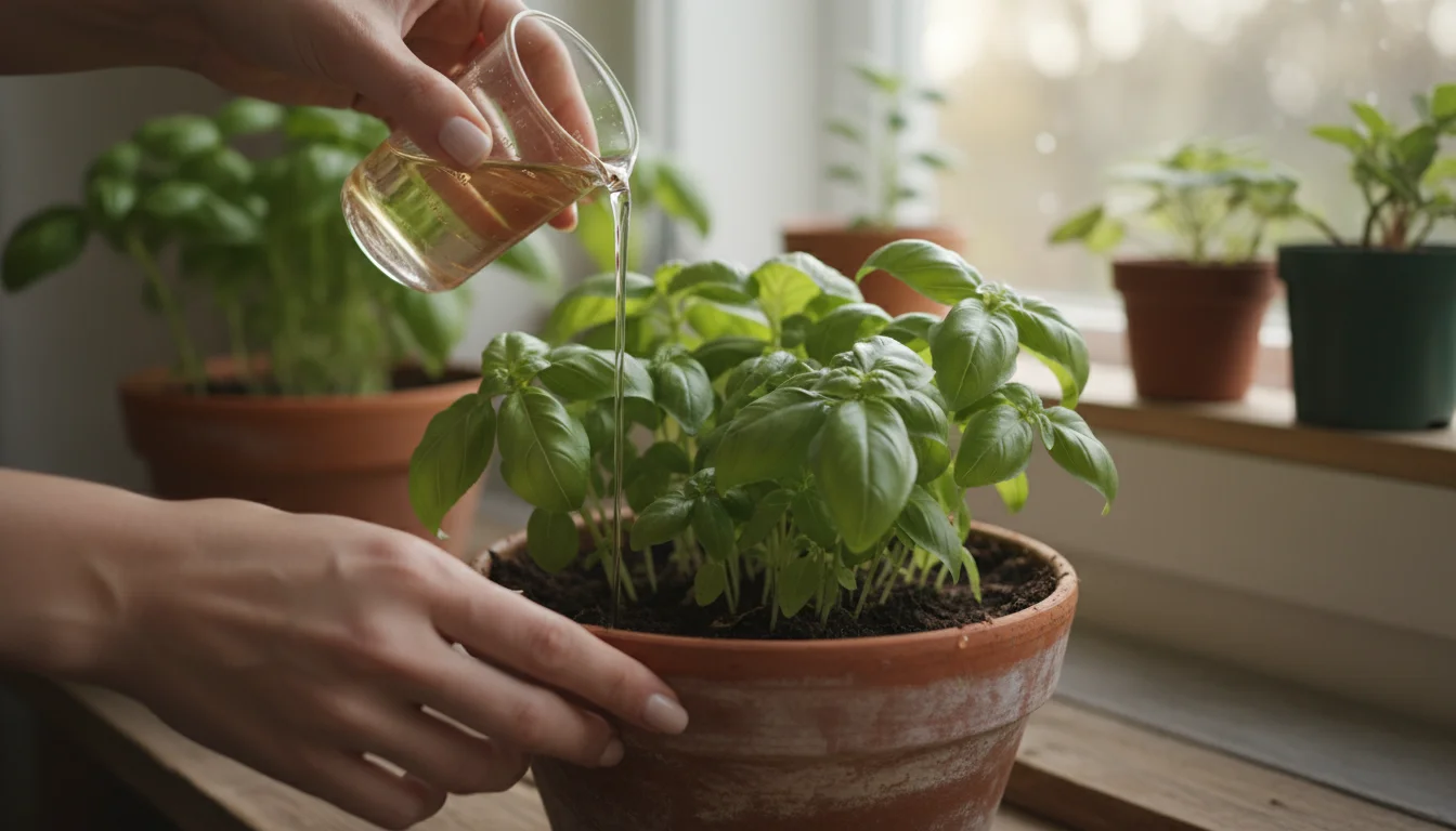 Close-up of hands carefully pouring diluted liquid fertilizer from a glass beaker into a vibrant basil plant in a terracotta pot, with blurred indoor
