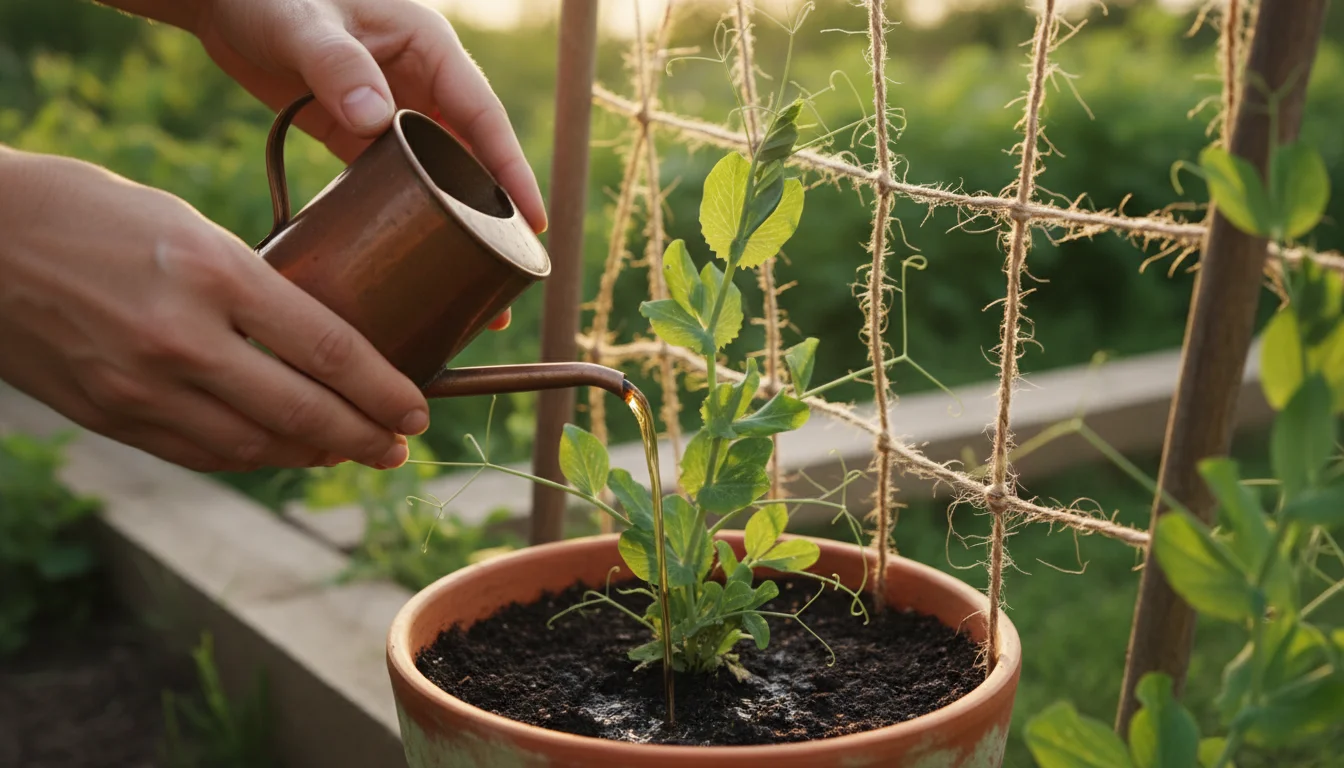 Close-up of hands pouring diluted liquid fertilizer onto soil around a sugar snap pea plant in a terra cotta pot.