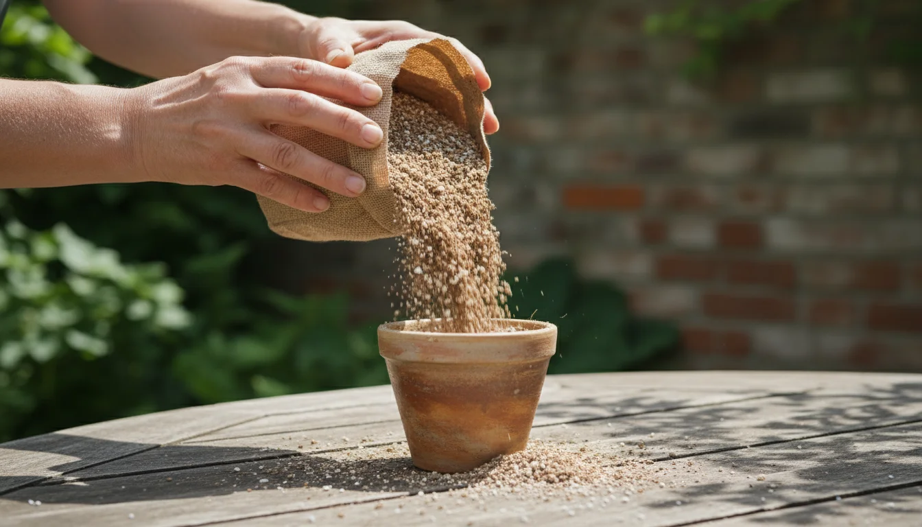 Hands pouring fluffy, aerated houseplant potting mix with white perlite and coir into a ceramic pot on a wooden table.