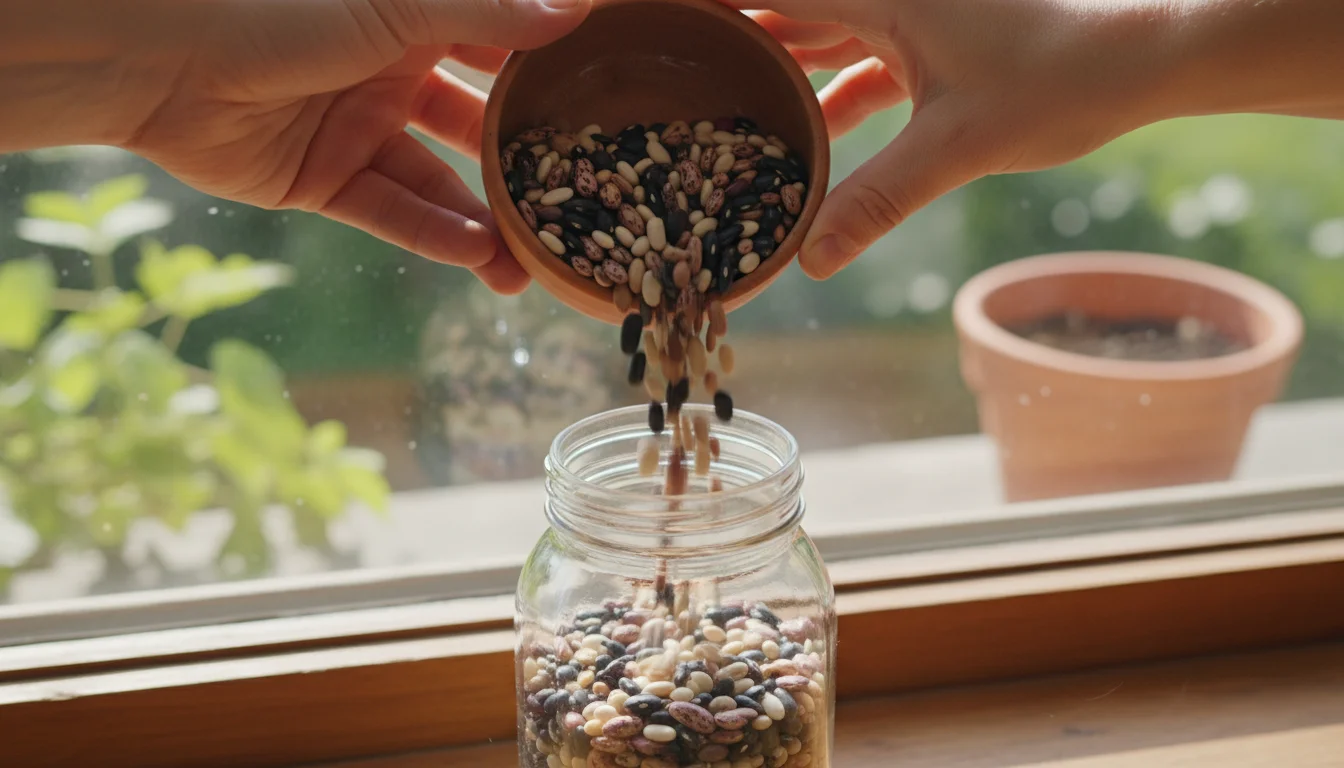 Close-up overhead shot of hands pouring a generous amount of dried seeds from a bowl into a glass jar on a wooden balcony surface.