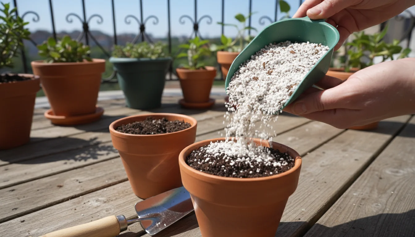 Hands pouring light, airy potting mix into a terracotta pot, contrasting sharply with an identical pot filled with dark, dense garden soil on a sunny 