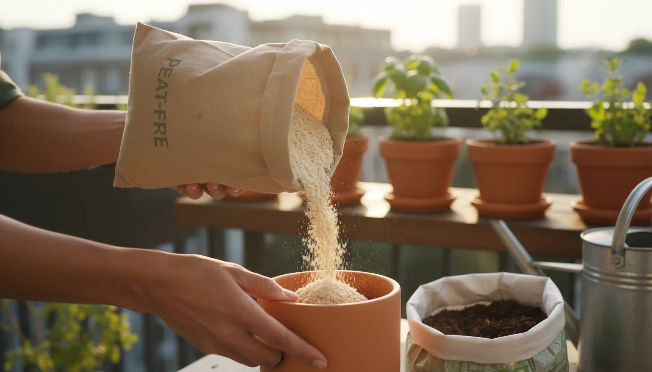 Hands pouring light, fibrous peat-free potting mix from a branded bag into a small terracotta pot on an urban balcony, with another peat-free bag near
