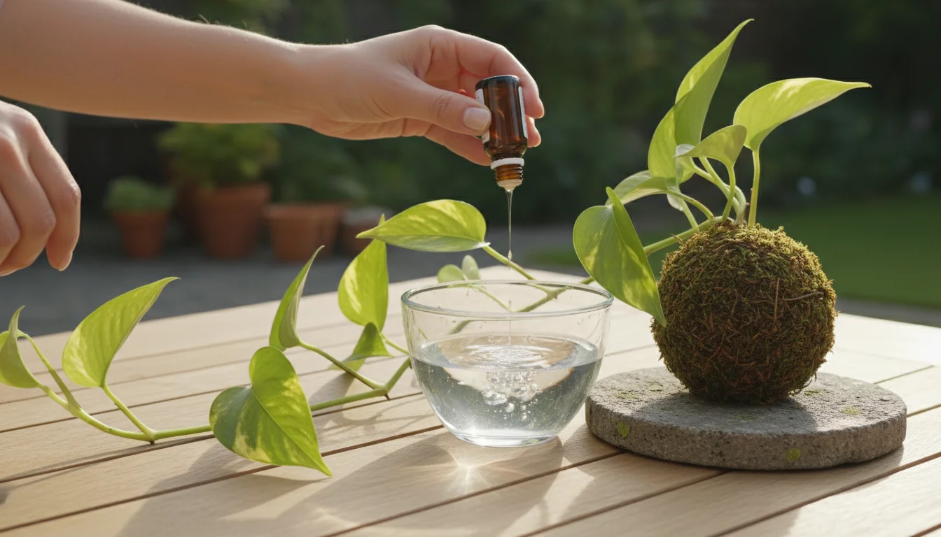 Hands pouring liquid fertilizer into a bowl of water, next to a Pothos Kokedama on a patio table.