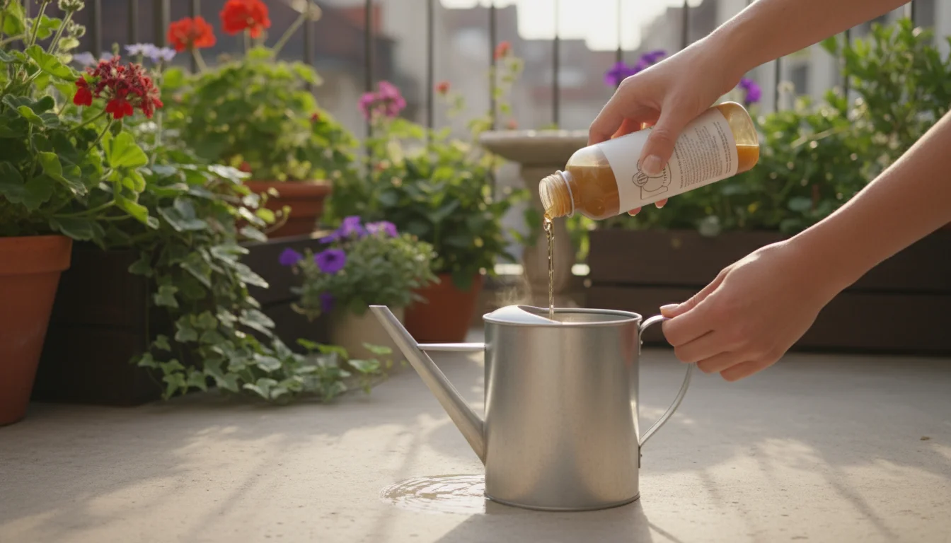 Hands pouring liquid fertilizer concentrate into a metal watering can on a patio surface, with blurred potted plants in background.