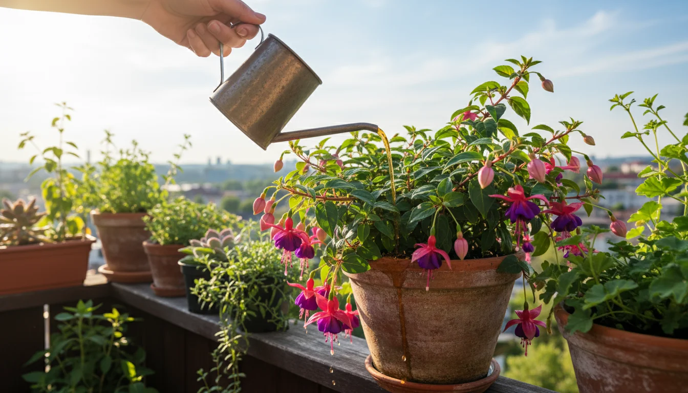 Hands pouring liquid fertilizer into a lush fuchsia plant in a pot on a balcony railing, surrounded by other vibrant containers.