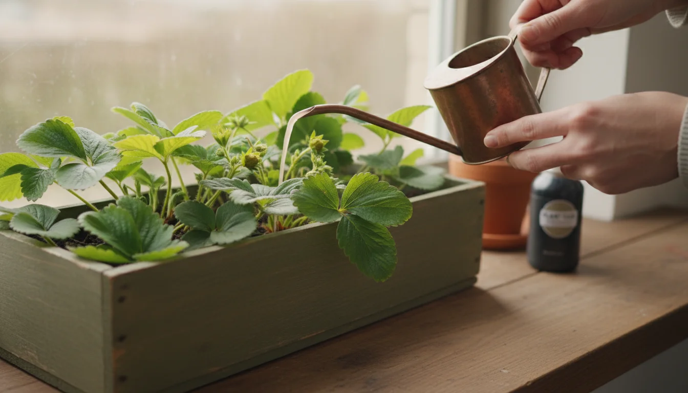 Hands pouring liquid fertilizer onto vibrant green strawberry plants in a wooden window box on a sunlit windowsill.