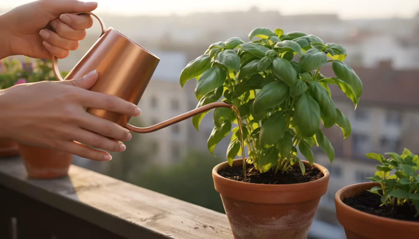 Close-up of hands pouring liquid fertilizer into a terracotta pot with a lush basil plant on a weathered wooden balcony railing.