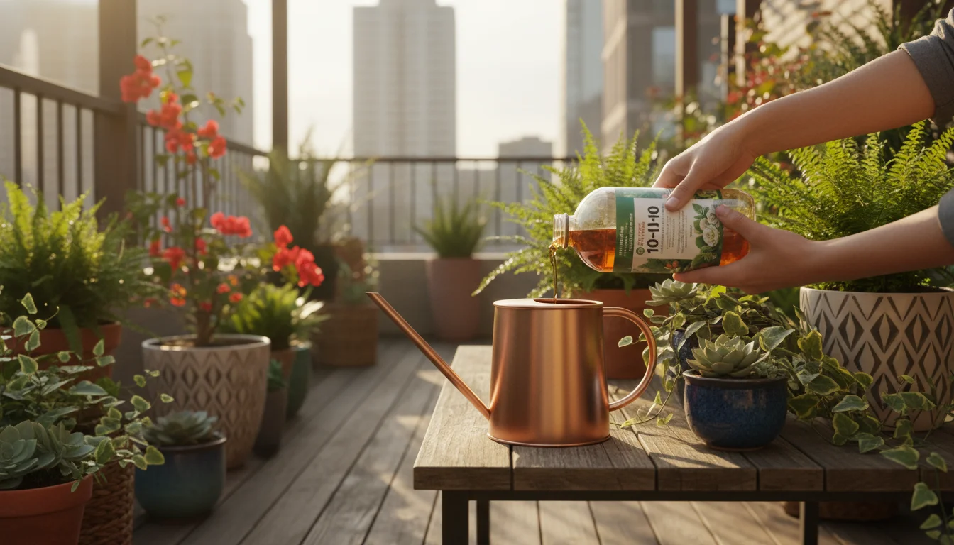 Hands pouring liquid 10-10-10 fertilizer into a watering can amidst lush container plants on a sunny balcony patio.