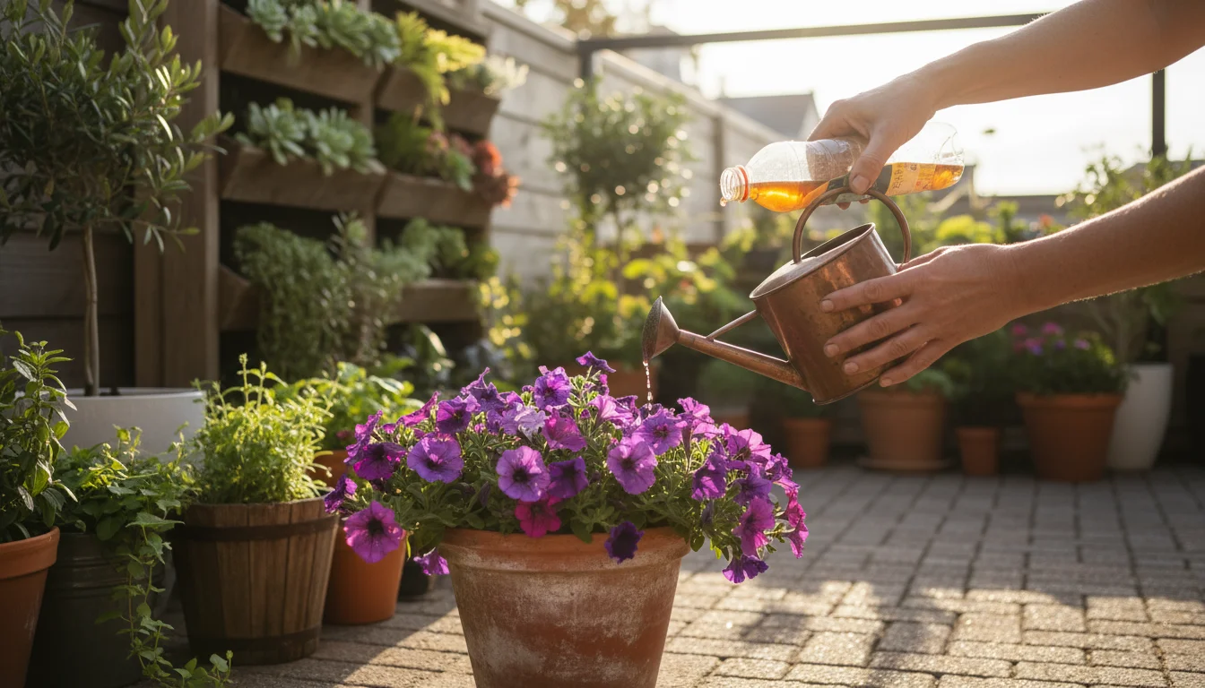Hands pouring liquid fertilizer into a watering can next to a vibrant petunia in a terracotta pot on a sun-dappled patio.