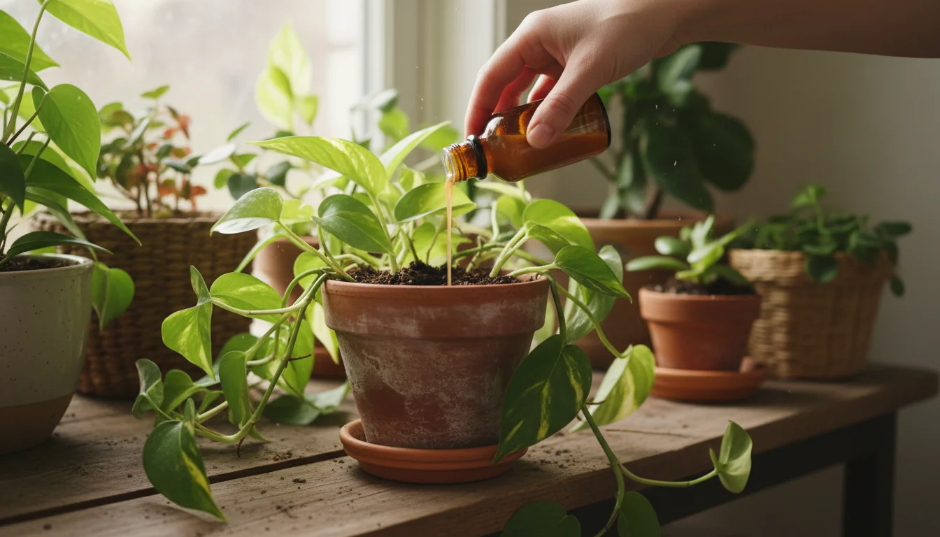 Close-up of hands pouring liquid organic fertilizer from an amber bottle into a potted Pothos plant on a wooden shelf.