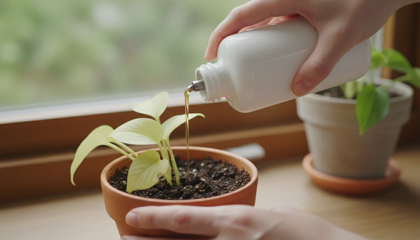 Close-up of hands pouring liquid plant food from a bottle into a terracotta pot with a slightly pale green trailing plant on a balcony.