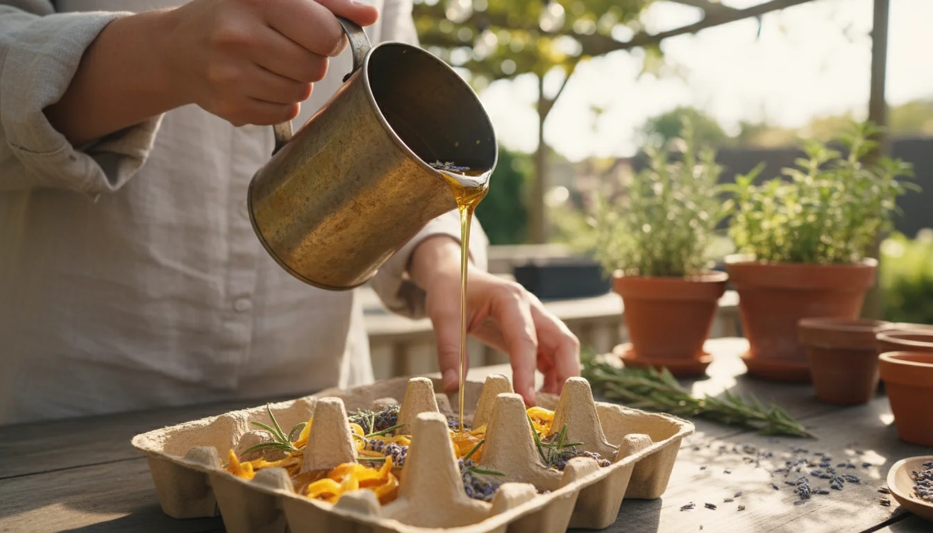 Hands pouring melted, herb-infused wax from a metal pitcher into a cardboard egg carton, with dried herbs visible.