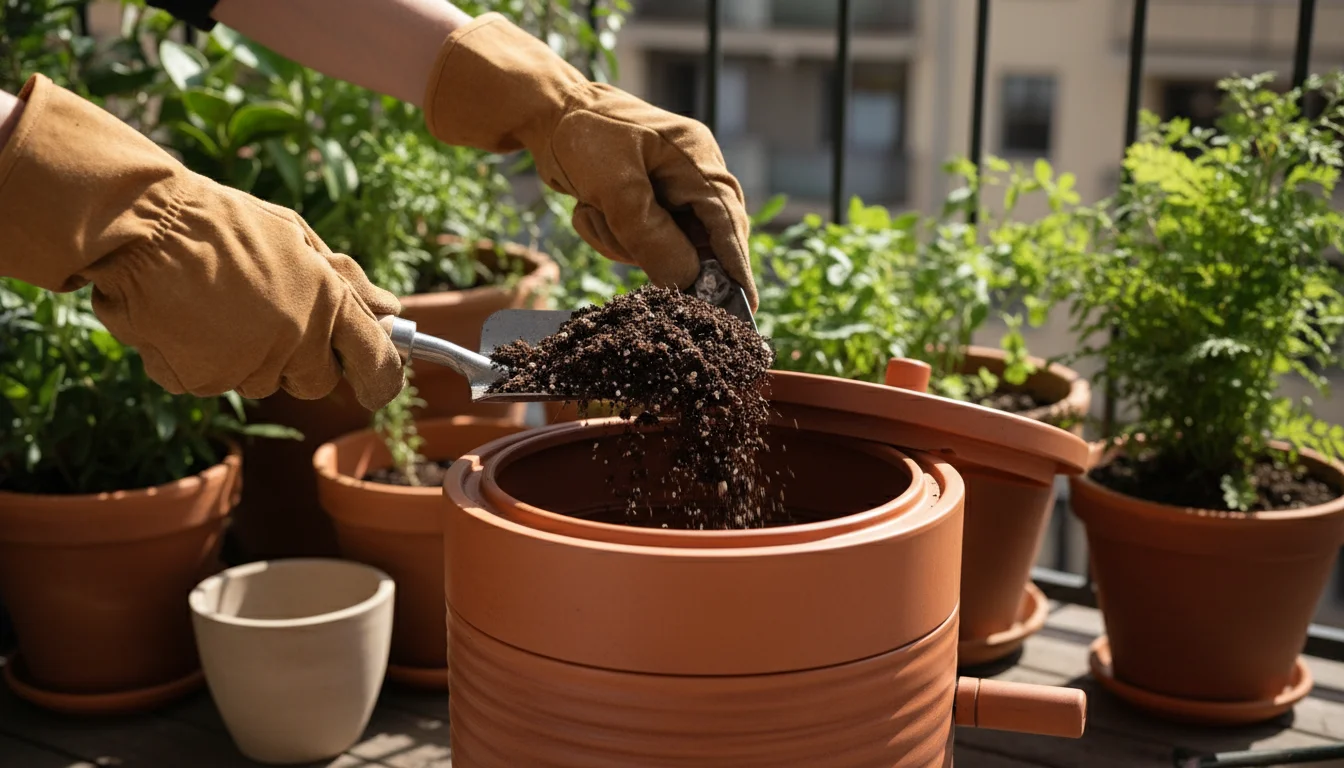 Hands pouring spent potting mix into a compact terracotta compost tumbler on a sunny balcony, surrounded by potted plants.