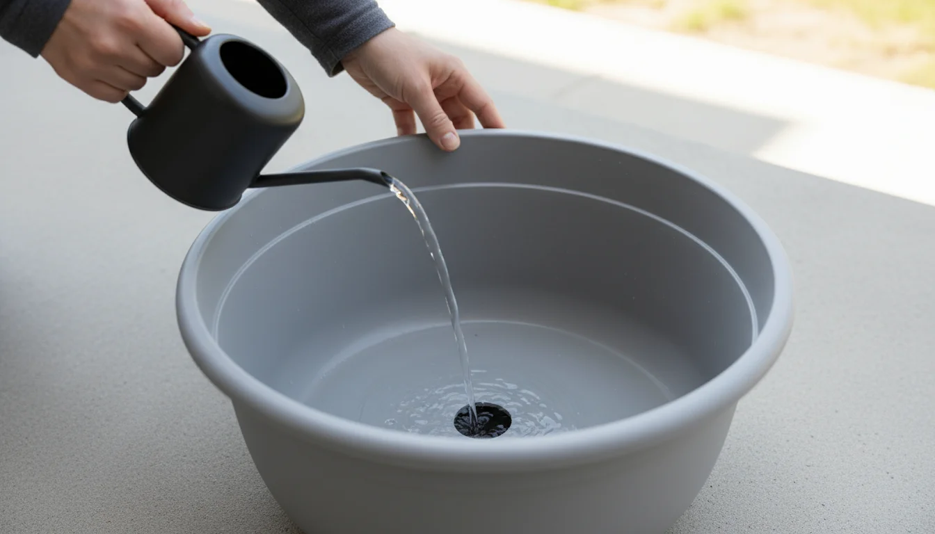 Hands pouring water into an empty light-grey resin pot, with clear drops draining from the bottom onto a concrete patio.