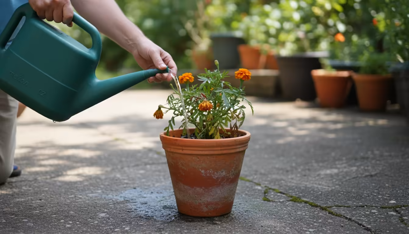 Hands pouring water from a green watering can into a terracotta pot with a slightly stressed plant, water flushing out of drainage holes onto a concre
