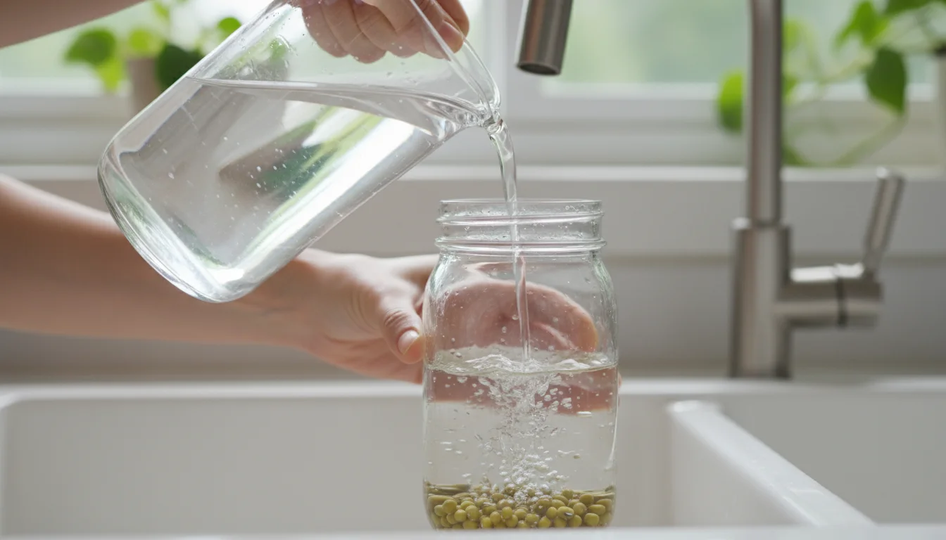 Hands pouring water into a Mason jar containing dry mung bean seeds on a kitchen counter, with a measuring spoon nearby.