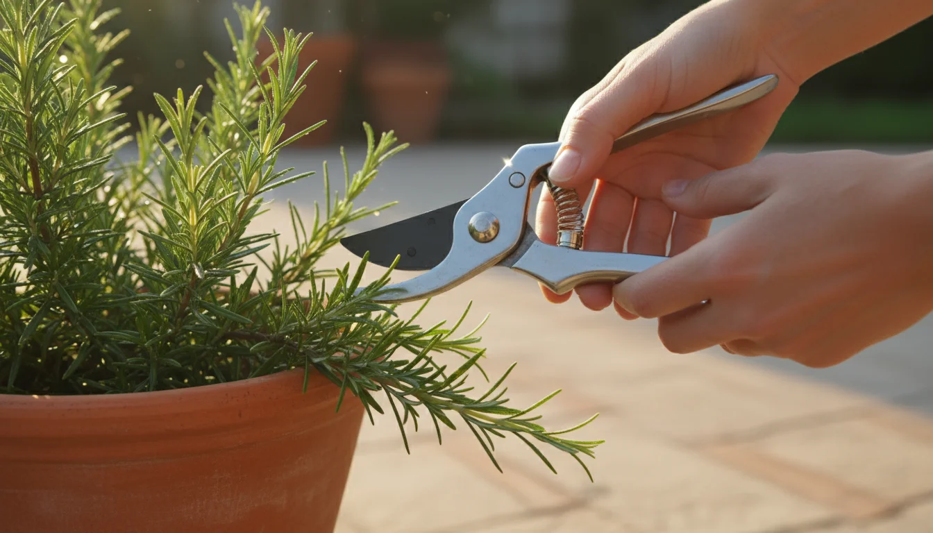Hands precisely snipping vibrant rosemary sprigs from a terracotta pot on a sunny patio with small sharp pruners.