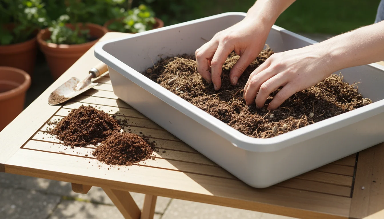 Hands prepare to add compost, perlite, and fertilizer to used potting mix in a tub on a patio table, surrounded by empty pots.
