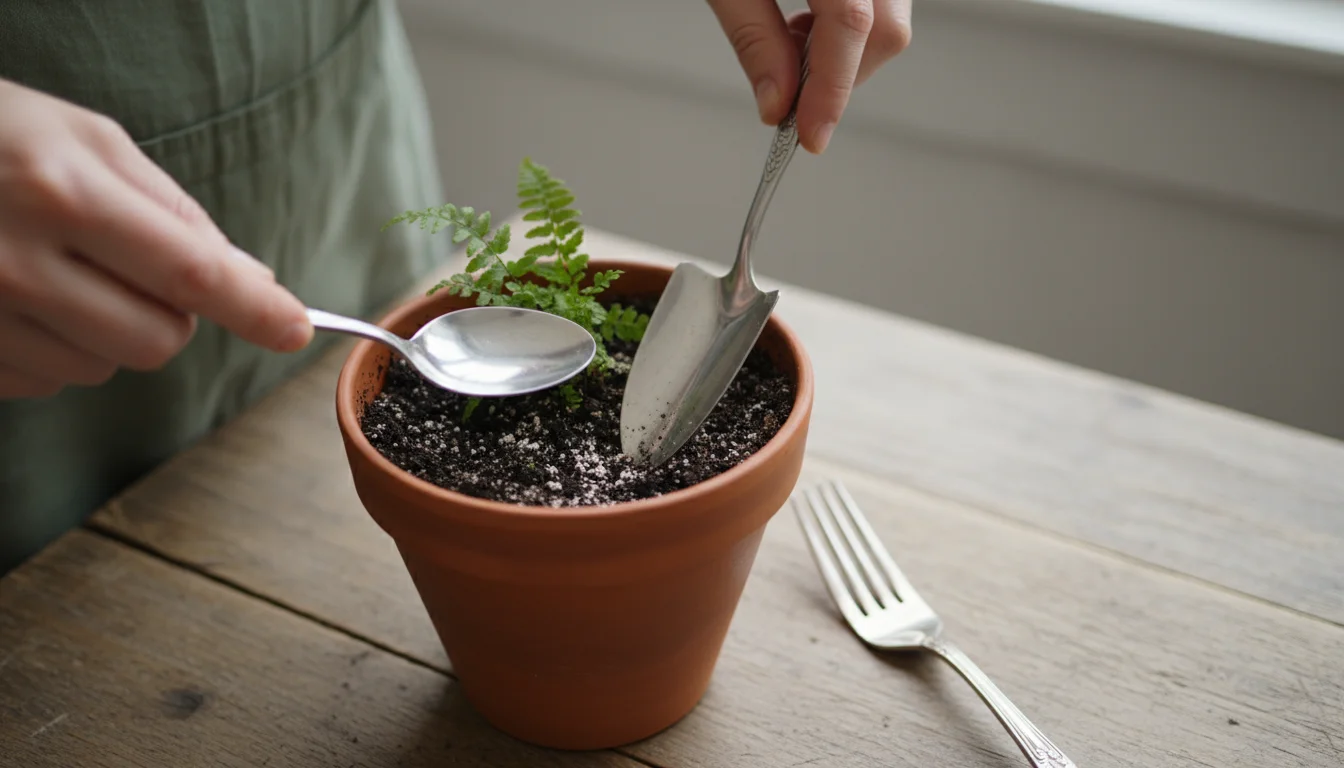 Hands preparing a clean spoon, small trowel, and fork near a potted houseplant with subtly visible white mold on its soil.