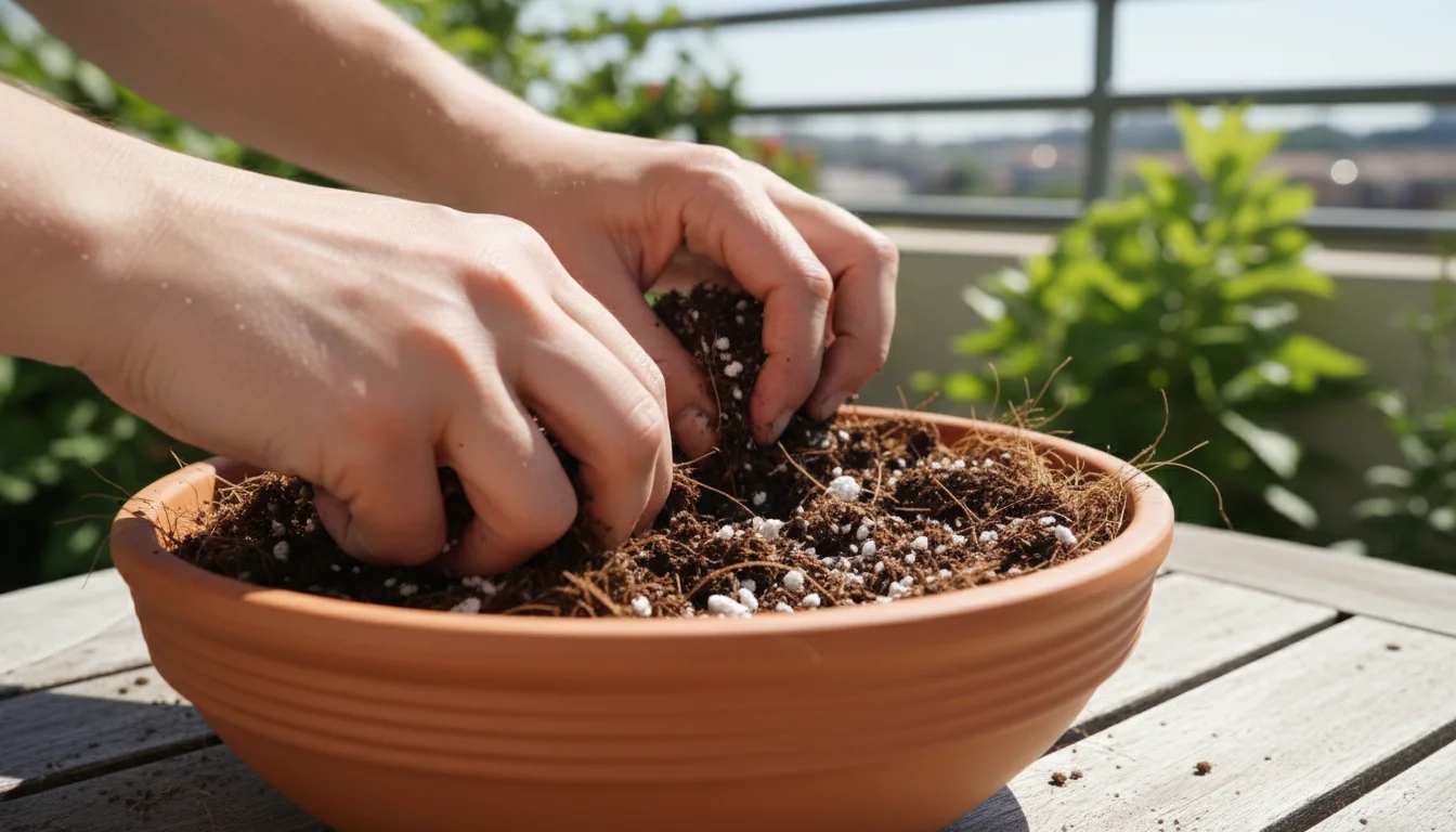Hands preparing dark, airy potting mix with visible perlite and coco coir in a terracotta pot on a wooden balcony table.