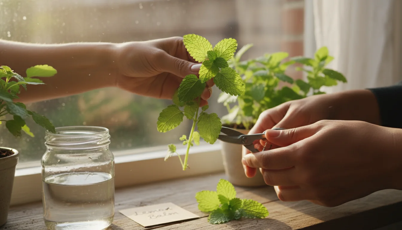 Hands preparing lemon balm cuttings on a bright windowsill. Several cuttings are rooting in water, with small pots ready for planting.
