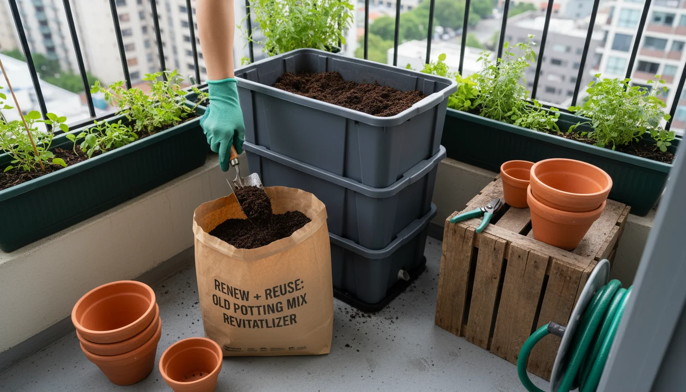 Hands preparing potting mix with compost from a compact balcony worm bin on a sunlit balcony.