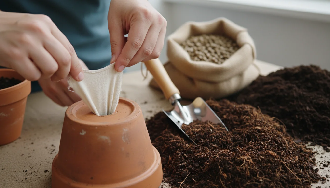 Close-up of hands preparing a self-watering pot, threading a cotton wick through a terracotta pot, with peat-free mix and organic fertilizer nearby.